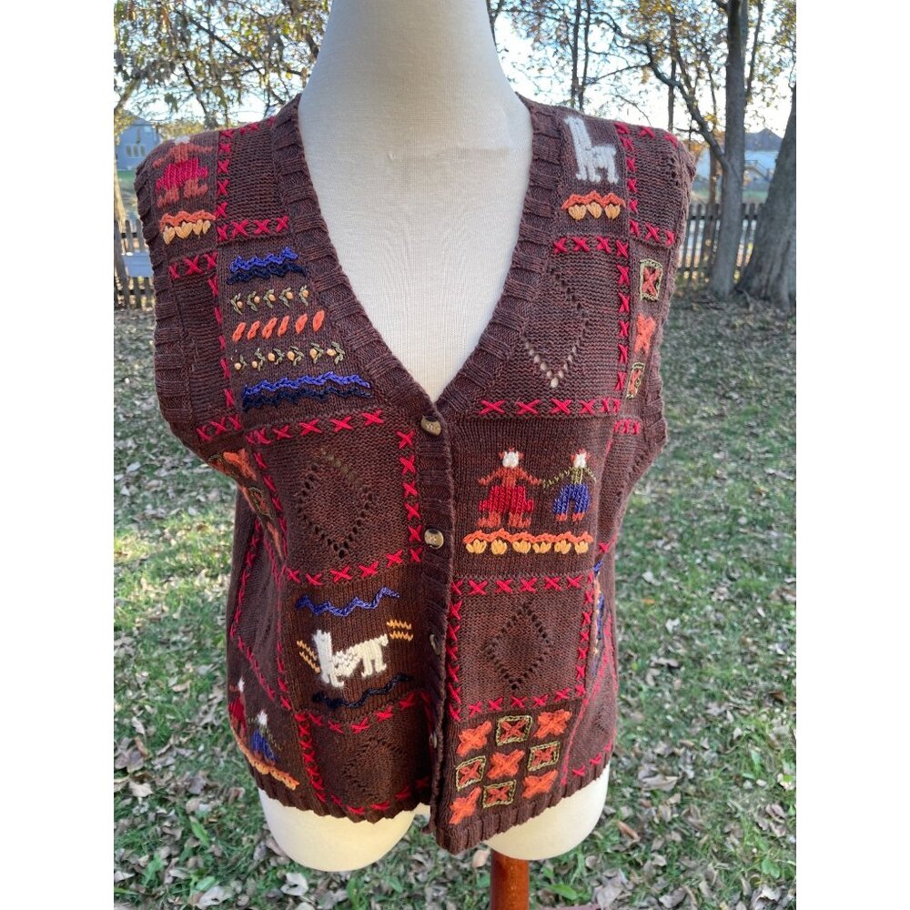 Sweater Vest With Folk Art Embroidery Size Large Brown Ramie/Cotton Blend V-Neck
